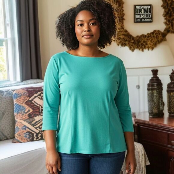 Laura Byrnes Zipper Back Top 4X Plus Size Blouse Aqua Pinup Girl Jersey Knit - Picture 13 of 16